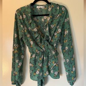Max Studio Green Floral Tie Fluttery Medium Blouse